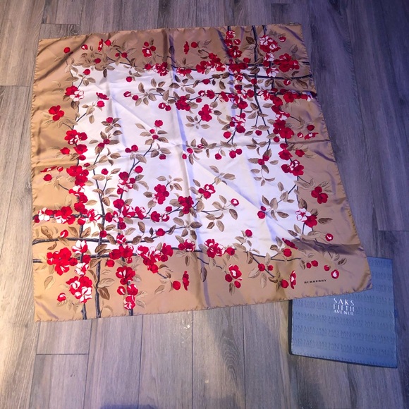 Burberry Accessories - BURBERRY Silk scarf with red blossoms